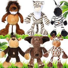 Zhanmai 6 Pieces Safari Stuffed Animals Plush Jungle Toys Set For Boys Girls, Lion Elephant Zebra Giraffe Tiger Monkey For Animal Themed Parties Student Baby Shower Award Decoration(Novel Style)