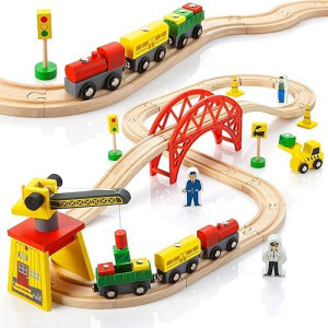 Kipipol Wooden Train Sets For Boys 2-4-7 - 38 Pcs Wood Train Set For Toddlers W/Crane, Bridge & Wooden Train Tracks - Train Toys For 3 Year Old Boys & Girls - Fits Thomas Brio Ikea Melissa And Doug