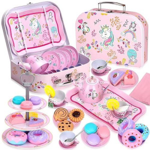 Auney Tea Set Toys For Girls 36Pcs, Tin Unicorn Tea Party Set Toy Pretend Play Gifts For Little Girls Age 3-6, Kids Girls Toys Gifts For Tea Party Time Including Tea Set Carrying Case (Unicorn Toy)