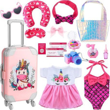 Travel Luggage Play Set For 18 Inch Doll Accessories And Furniture Doll Luggage Seat With Mermaid Doll Clothes Sunglasses Camera Toy Travel Pillow Travel Doll Playsets, Doll Not Included (Cute Style)