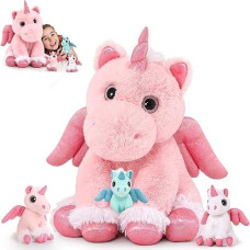 MorisMos Pink Unicorn Stuffed Animal with 3 Babies, 18"