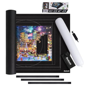 Becko Us 2000-Pc Jigsaw Puzzle Mat Roll Up With Auxiliary Line,Black Felt Mat With Black Pump & Drawstring Storage Bag, Portable Puzzle Saver For Easy Transport & Storage For 2000 1500 1000 500 Piece