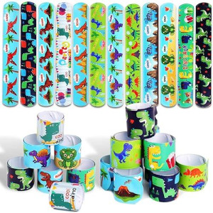 Derayee 24 Pcs Dinosaur Slap Bracelets For Kids, Jurassic Forest World Theme Snap Bands Toy Gift Party Favor Supplies For Dino Party Bag