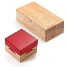 Zhanmai 2 Pack Christmas Puzzle Box Gift Wooden Magic Impossible Dovetail Box Secret Money Box Mini 3D Brain Teaser Box For Valentines Girlfriend Cash Adults Teens(Wood Color, Red, Rectangle, Square)