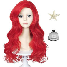 Mermaid Wigs For Kids Girls 21-Inch Long Red Curly Mermaid Wig Red Wave Wigs With Starfish Hairclip + Hair Net For Child Toddler Halloween Costume Party