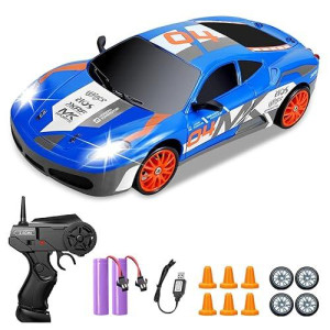 Yuan Plan Remote Control Car Rc Drift Car 2.4Ghz 1:24 Scale 4Wd 15Km/H High Speed, Rechargeable High Speed Rc Cars With Cool Lights, Two Batteries And Extra Tires Toys For Kids