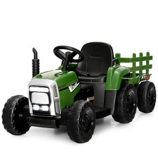 Costzon Ride On Tractor With Detachable Trailer, 12V Kids' Electric Vehicles W/3-Gear-Shift Ground Loader, Wireless Design & Usb, 7 Led Headlights, Remote Control Tractor Toy For Kids 3+ (Dark Green)