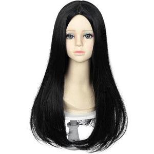 Uniquebe Long Black Wig For Kids Girls 60Cm Long Straight Middle Part Wig Heat Resistant Synthetic Wig + Wig Cap For Halloween Cosplay