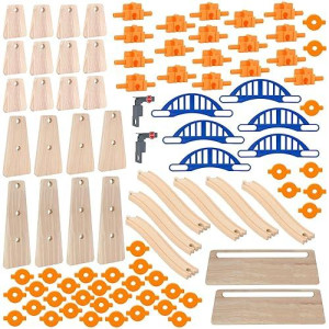 Orbrium 90 Pcs Ultimate Elevated Wooden Railway Construction Set Compatible With Thomas, Brio, Ikea, Imaginarium, Melissa & Doug Wooden Railway - Ascending Tracks And Bridge