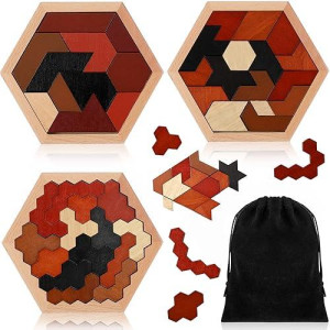 Yunsailing 3 Pack Hexagon Tangram Puzzles Wooden Brain Survivor Puzzles For Adult Russian Blocks Hexagon Tangram Brain Teaser Wood Geometric Jigsaw Challenge Intelligence Teasers Logic Mind Game