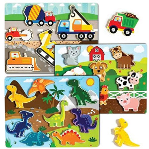 Klevly Large 3 Pk Wooden Toddler Puzzles Ages 2-4 | Wooden Puzzles For Toddlers 1-3 | Montessori Toys For 2 Year Old | Toddler Toys Age 2-4 | Learning Toys For 2+ Year Olds | Educational Toys | Stem