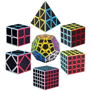 Roxenda Speed Cube Set, Speed Cube Bundle Of 2X2 3X3 4X4 Megaminx Windmill Mirror Cube And Pyramid Cube Smoothly Magic Cubes Collection For Kids & Adults [7 Pack] (Carbon Fiber)