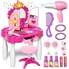 Eohemeral Toddler Makeup Table With Mirror And Chair, Kids Makeup Vanity Set With Accessories And Lights And Music Sound For Girls, Toddlers 3-5 Years Old