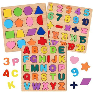 Attmu 3 Pack Wooden Puzzles for Toddlers - Alphabet, Numbers,