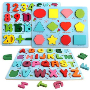 Puzzles For Toddlers, 3 Pack Wooden Abc Alphabet Number Shape Puzzles Toddler Learning Toys For Kids Boys And Girls 2-4, Preschool Educational Toys Gift For Kids Ages 1 2 3 4 5