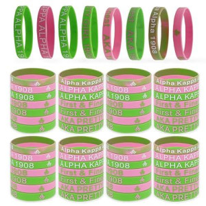 56 Pieces Aka Bracelet - Aka Sorority Gifts For Women - Aka Gadgets For Alpha Kappa Alpha - Aka Silicone Bracelet Charms Paraphernalia Wristbands - Salmon Pink And Apple Green