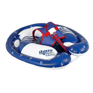 Swimschool Freestyle Swimmer Baby Pool Float With Multi-Position, Adjustable Safety Seat, Dual Air Chambers Safe, Red-White-Blue Nautical