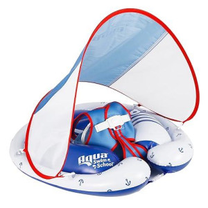 Swimschool Freestyle Swimmer Baby Pool Float With Sunshade Canopy And Multi-Position, Adjustable Safety Seat, Dual Air Chambers Safe, Red-White-Blue Nautical