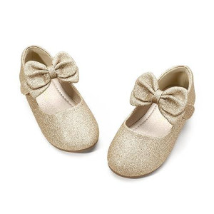 Pandaninjia Girls Toddler/Little Kid Megan Dress Flats Shoes Pearls Bow Flower Girl Ballet Flat Mary Jane (Gold Glitter, 8 M Us Toddler)