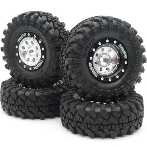 Hobbysoul Rc 1.0 Beadlock Wheels And Tires, 1/24 Tires & Heavy Adjustable Offset 1.0 Wheels Black Silver For 1/24 Rc Crawler Car Truck Axial Scx24 Upgrade, (4-Pack, Assembled)