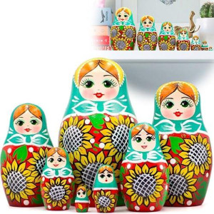 Aevvv Matryoshka Nesting Dolls Set Of 7 Pcs - Russian Nesting Doll With Sunflower Decorations - Babushka Dolls In Sunflower Sundress For Women