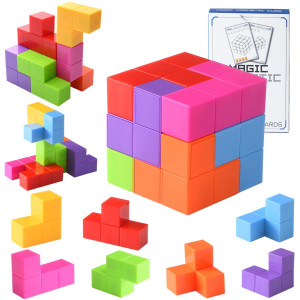 Pupax Magnetic Building Blocks Stacking 3D Puzzle Cubes, 7 Multi Shapes Magnetic Blocks With 54 Guide Cards, Educational Toys For Toddlers, Montessori Toys For Boys Girls