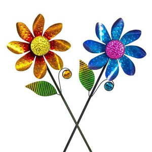 Venniy 2Pack Garden Wind Spinners,Metal Wind Sculptures Outdoor Windmill Flower Pinwheel Decorations For Yard Lawn Patio Decor