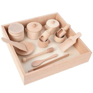 Montessori Sensory Bin Tools Toy With Wooden Box For Toddlers, Pretend Play Dish Toys Wooden Bowls Scoop Tongs Transfer Work Pouring Set, Kids Fine Motor Skills Development