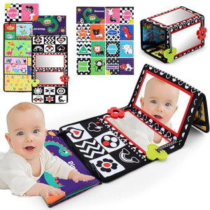 Tummy Time Floor Mirror With Crinkle Cloth Book And Teethers, Double-Sided Baby Mirror Black And White High Contrast Baby Toys, Folding Crawling Activity Mat For Infants 3 6 12 Months (B-Mirror+Book)