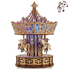 Wood Trick Parisian Carousel Music Box Rotating With Backlit - 3D Wooden Puzzles For Adults And Kids To Build Diy - Wooden Music Box Kit - La Vie En Rose Tune - Engineering Diy Wooden Model