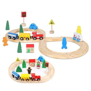 Wooden Train Tracks Toys For Toddler, 33 Pieces Magnetic Train With Wooden Tracks Fits For Thomas, Brio, Chuggington, Melissa And Doug, Rail Set Toy Gifts For 3 4 5 Years Old Girls & Boys