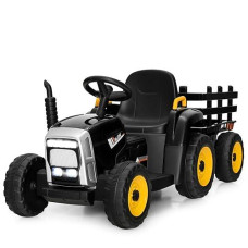 Costzon Ride On Tractor W/Detachable Trailer, 12V Kids' Electric Vehicles W/ 3-Gear-Shift Ground Loader, Wireless Design & Usb, 7 Led Headlights, Remote Control Tractor Toy For Kids 3+ (Black)