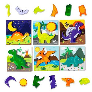 Klevly 6 Pk Dinosaur Wooden Toddler Puzzles Ages 2-4 | Wooden Puzzles For Toddlers 1-3 | Montessori Toys For 2 Year Old | Learning Toys For 2+ Year Olds | Educational Toys For 2 Year Old | Stem Toy