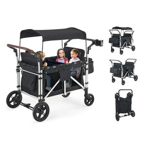 Stroller Wagon For 4 Kids, Wagon Cart Featuring 4 High Seat With 5-Point Harnesses And Adjustable Canopy, Foldable Double Push Bar Wagon Stroller For Garden, Stroller, Camping (Black)