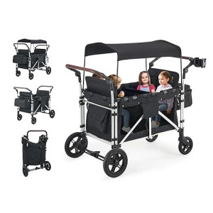 Stroller Wagon For 4 Kids, Wagon Cart Featuring 4 High Seat With 5-Point Harnesses And Adjustable Canopy, Foldable Double Push Bar Wagon Stroller For Garden, Stroller, Camping (Black-G)