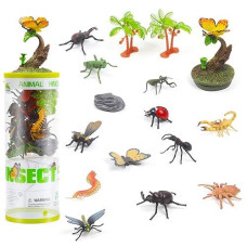 Unique Kids Mini Insect Figure Creatures In Tube 15 Pcs Set | Realistic Tiny Little Animals For Sensory Bin, Birthday Party Favor, Toddler 3-5 (Insect)