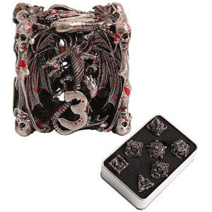 Metal Dice Set Dnd Game Dice Hollow Dragon Carving Ancient Blood Stain 7-Piece Set Is Suitable For Underground City And Dragon Rpg, D &D Pathfinder Shadow Operation And Mathematics Teaching