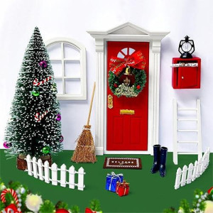 Beireg Dollhouse Furniture - 19Pcs Miniature Fairy Door With Christmas Tree And Christmas Accesories, Christmas Decorations Wooden Fairy Door Craft Gift For Kids