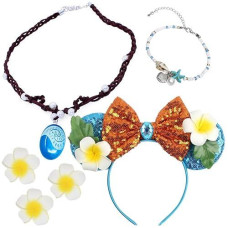 Girls Moana Dress Up Accessories Moana Necklace Headband Bracelet Flower Hiar Clip Moana Costume Accessories Halloween Christmas Party Favors For Kids (Blue)