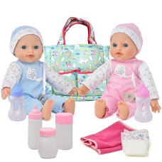 Gift Boutique Twin Baby Dolls With Accessories, Soft Body Girl Doll & Baby Boy Doll With Diaper Bag Doll Care Kit With Feeding Bottles, Pacifiers, Diaper & Changing Accessories Set For Toddlers & Kids