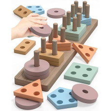 Yetonamr Montessori Wooden Sorting Stacking Toys - Coffee Color