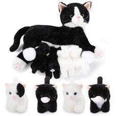 Skylety Nurturing Cat Stuffed Animal With Plush Kittens, Valentine Cat Baby Stuffed For Girls And Boys Plushy Kitty Mommy Cat With 4 Baby Cats For Birthday Party Favors Gifts(Fluffy Style)