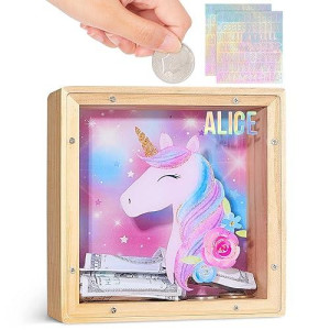 Wooden Piggy Bank For Kids Boys Girls, Diy Name Coin Bank Unicorn Dinosaur Money Bank With Letter Stickers