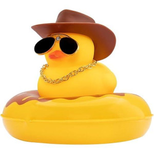 Wonuu Swim Ring Rubber Ducks With Mini Diamond Glasses Hat Necklace For Cars Dashboard Decorations Car Accessories Toy Duck Car Ornament, Cowboy Hat Brown-Brown Donut Swim Ring