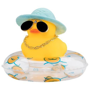 Wonuu Swim Ring Rubber Ducks With Mini Diamond Glasses Hat Necklace For Cars Dashboard Decorations Car Accessories Duck Car Ornament, Straw Hat Blue-Clear Swim Ring, Straw Hat Blue-Clear Swim Ring