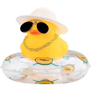 Wonuu Swim Ring Rubber Ducks With Mini Diamond Glasses Hat Necklace For Cars Dashboard Decorations Car Accessories Toy Duck Car Ornament, Straw Hat White-Clear Swim Ring