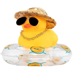 Wonuu Swim Ring Rubber Ducks With Mini Diamond Glasses Hat Necklace For Cars Dashboard Decorations Car Accessories Toy Duck Car Ornament