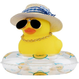 Wonuu Swim Ring Rubber Ducks With Mini Diamond Glasses Hat Necklace For Cars Dashboard Decorations Car Accessories Toy Duck Car Ornament, Bow Hat Blue-Clear Swim Ring