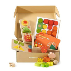 Tiny Land Montessori Toy Set For Babies 18-24 Months - 4-In-1 Wooden Learning Toys With Color Sorting, Lacing Beads, Shape Matching, And Seasons Puzzles