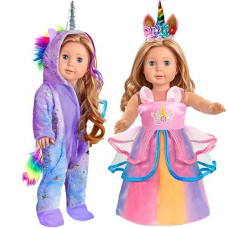 Wondoll 2-Sets 18-Inch Doll-Clothes Set - Unicorn Clothes With Hair Clip And Headband - Compatible With All 18 Inch Dolls Accessories For Kids